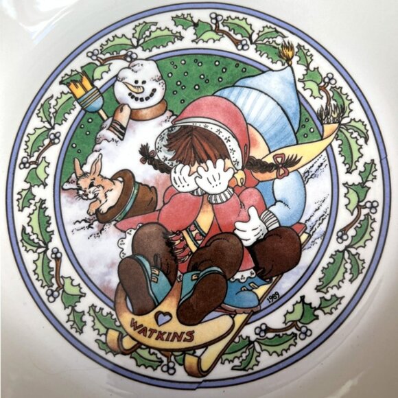 Vtg 1989 WATKINS Country Kids "Snow Magic" Ceramic Recipe Pie Plate 10.75" D - Picture 2 of 16